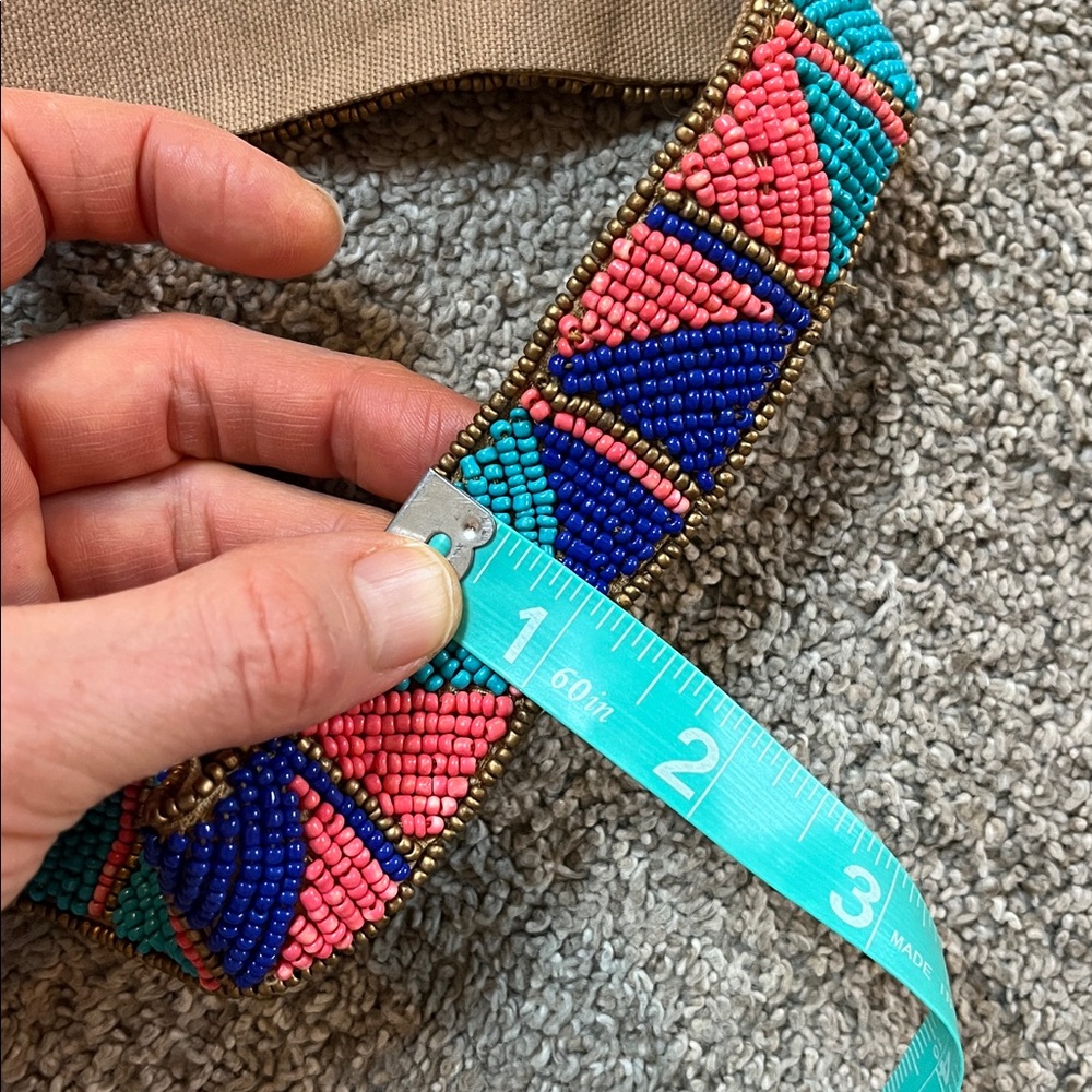 Vegan Leather Vibrant Turquoise Navy Coral and Bronze Beaded tie belt 64 inches - Picture 15 of 16